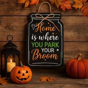 167.🐣 Halloween Hanging Decor Sign Home Is Where You Park Your Broom Glitter NWT